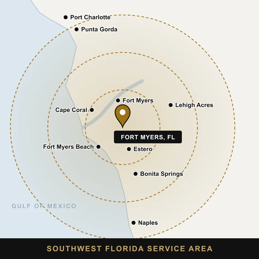 Map of the Swift Pro service area in Southwest Florida: Fort Myers, Cape Coral, Lehigh Acres, Estero, Bonita Springs, Naples and Port Charlotte